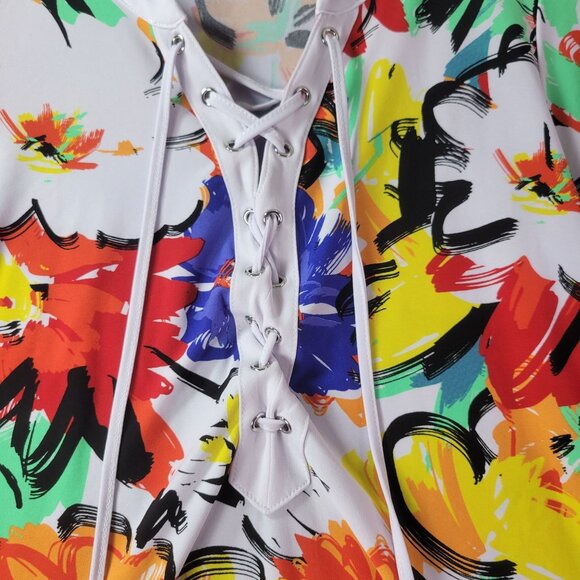 Slim Factor by Investments Womens Top S Multicolor Lace Up Tunic Floral Artsy - Picture 4 of 10